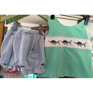 Babeeni Girls Mint Green Smocked Fish Sailfish Fish Print Bloomer Set 12M